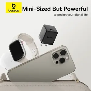 Baseus Palm Series 30W USB-C charger feature graphic highlighting mini yet powerful design and charging protections.