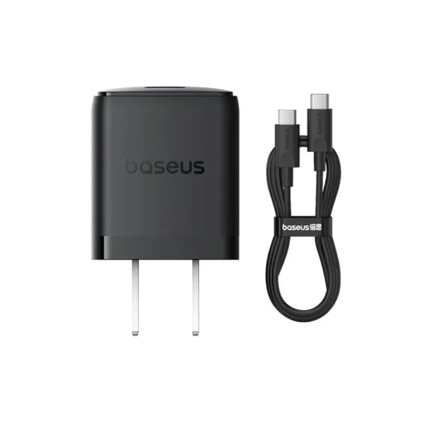 Baseus Palm Series 1C 30W USB-C fast charger in black with USB-C to USB-C cable, product front view.