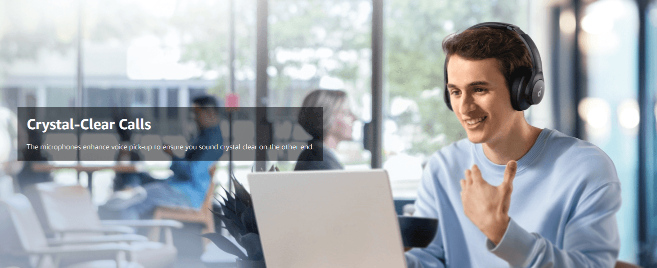 Anker Soundcore Q20i Hybrid ANC Headphones (A3004) - Black - Video call lifestyle showing microphone clarity.