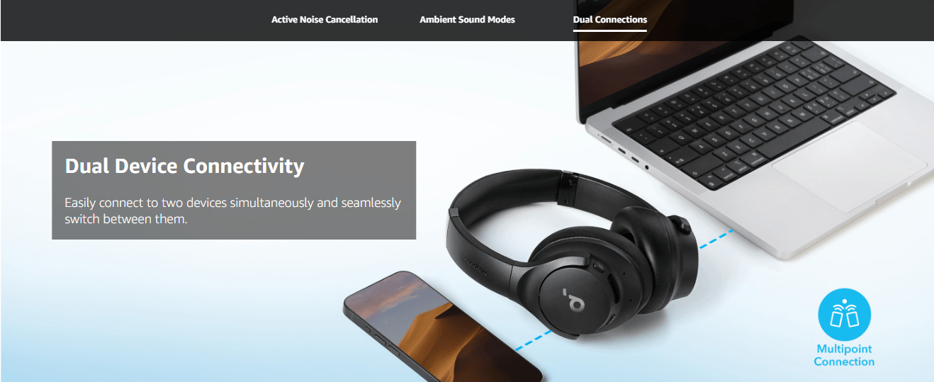 Anker Soundcore Q20i Hybrid ANC Headphones (A3004) - Black - Dual device connection with phone and laptop.