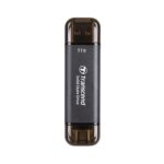 Transcend ESD310C 1TB dual USB portable SSD with compact aluminum body and USB A and USB C connectors.