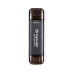 Transcend ESD310C 256GB dual USB portable SSD with compact aluminum body and USB A and USB C connectors.