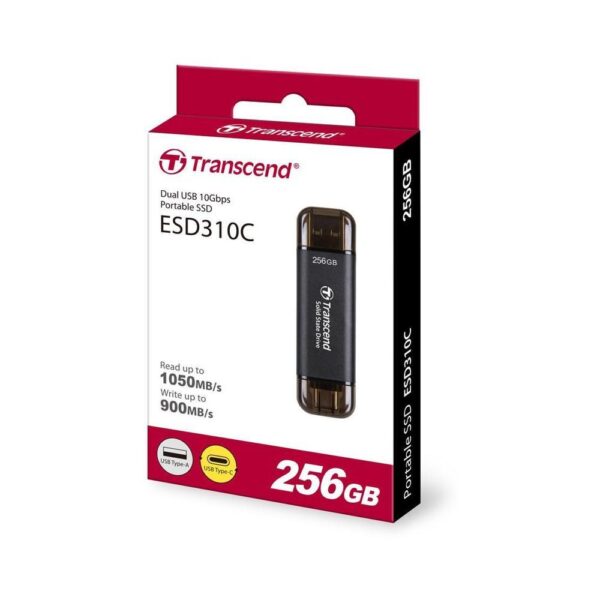 Transcend ESD310C 256GB retail box for dual USB 10Gbps portable SSD with USB 3.2 Gen 2 performance.
