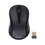 A4Tech G3-300NS black wireless mouse front view with USB nano receiver beside it on a white background.