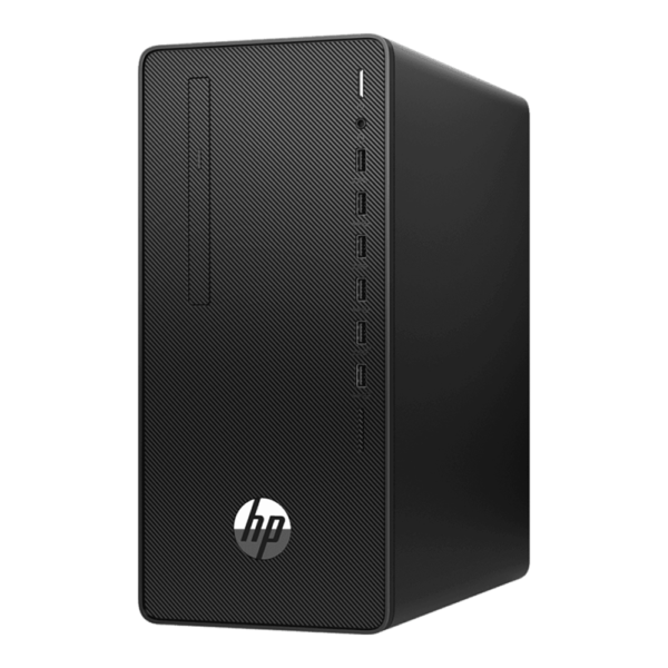 HP 280 G8 Pro Microtower PC angled view showing front ports and HP logo (Core i7-11700, 8GB, 1TB, DVD)