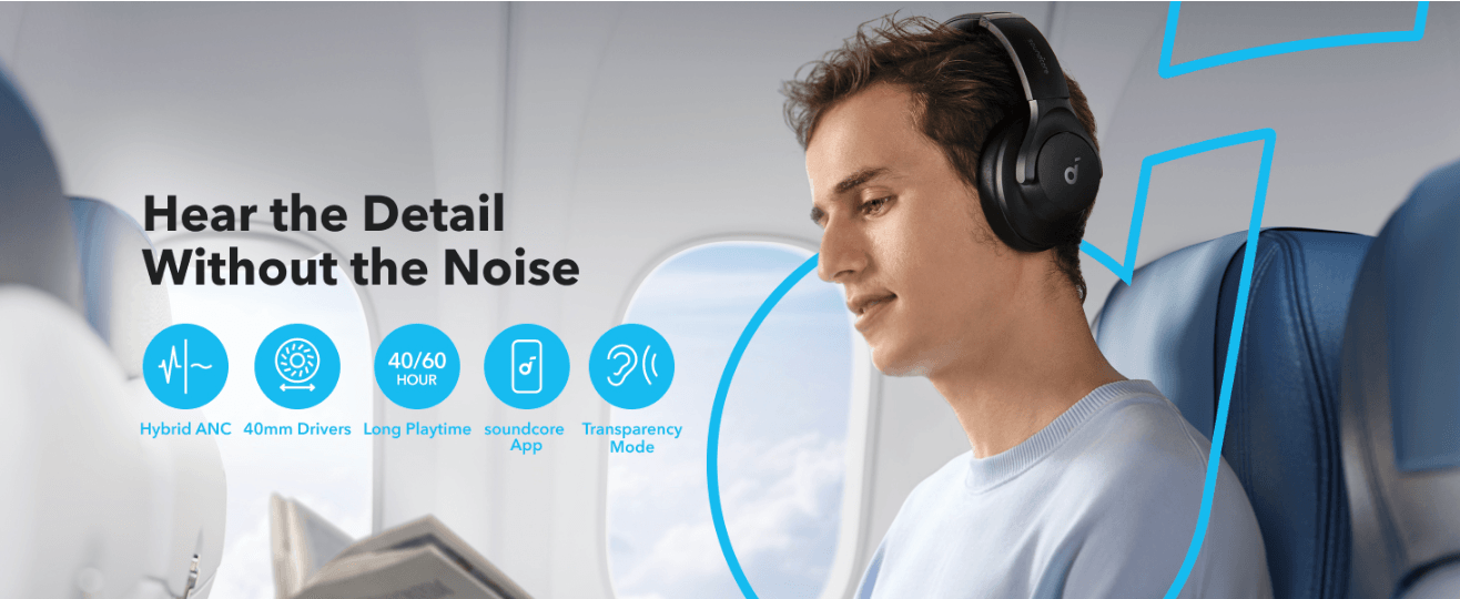 Anker Soundcore Q20i Hybrid ANC Headphones (A3004) - Black - Airplane travel lifestyle wearing view.