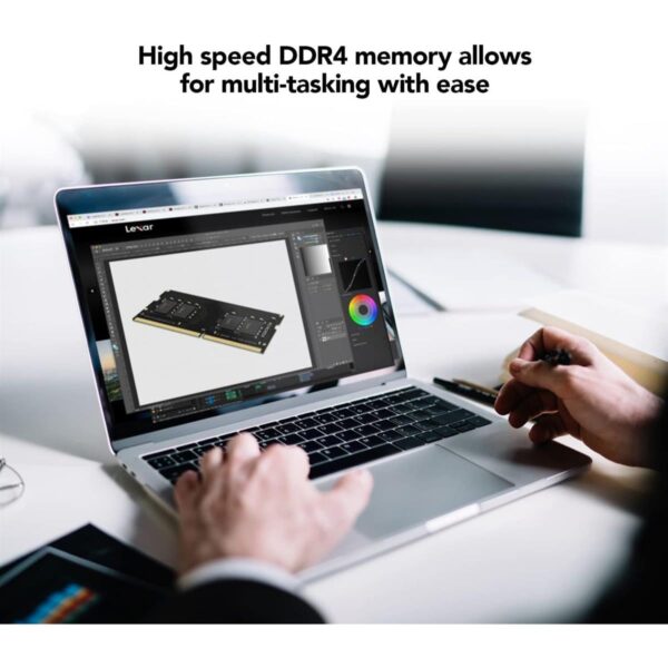 Lexar DDR4 SO-DIMM laptop memory shown on a laptop screen with text “High speed DDR4 memory allows for multi-tasking with ease.”