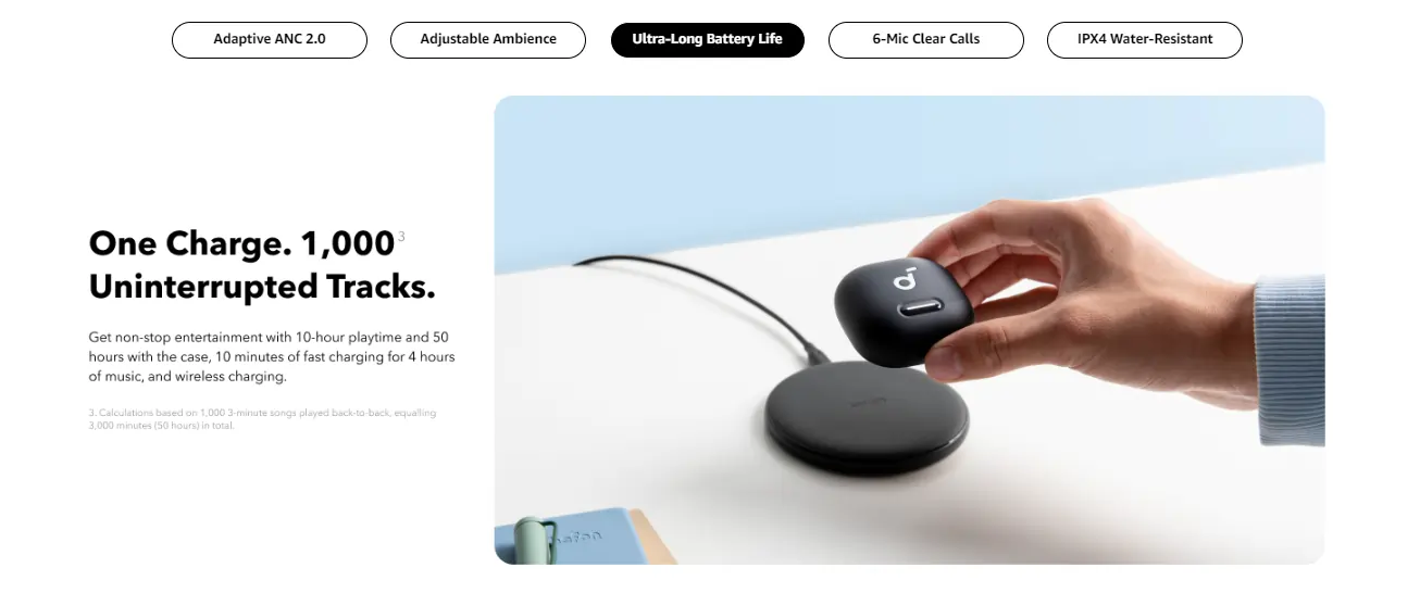 Anker Soundcore Liberty 4 NC True-Wireless Earbuds - Black - Wireless charging and 10/50 hour battery feature view.