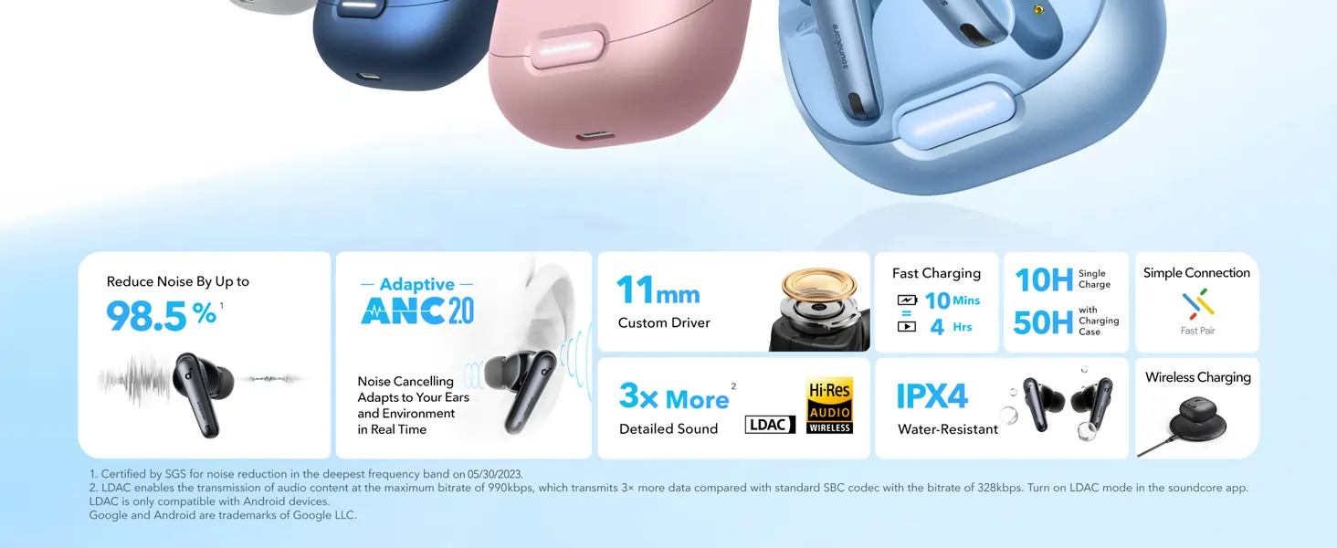 Anker Soundcore Liberty 4 NC True-Wireless Earbuds - Multi-color - Feature grid showing 98.5% noise reduction and specs.