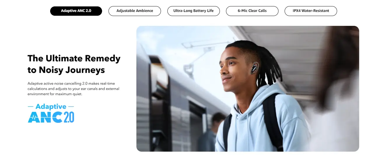 Anker Soundcore Liberty 4 NC True-Wireless Earbuds - Black - Travel lifestyle wearing view with Adaptive ANC 2.0.