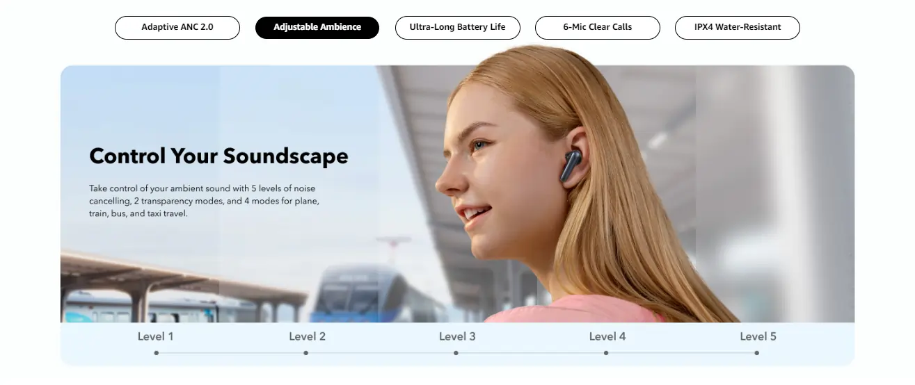Anker Soundcore Liberty 4 NC True-Wireless Earbuds - Black - Adjustable ambience levels feature graphic view.