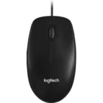 Top-down view of a black Logitech B100 USB wired optical mouse with centered scroll wheel on a white background.