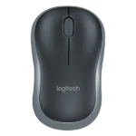 Top-down view of a black Logitech B175 wireless mouse with gray trim and centered scroll wheel on a white background.