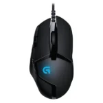 Top-down view of a black Logitech G402 Hyperion Fury wired gaming mouse with glowing blue “G” logo and central scroll wheel.