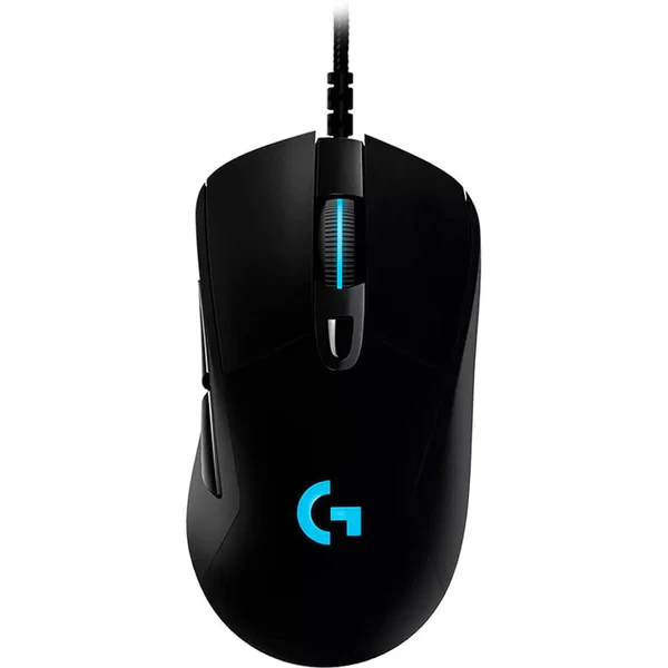 Top-down view of a black Logitech G403 wired gaming mouse with blue-lit scroll wheel and glowing “G” logo.