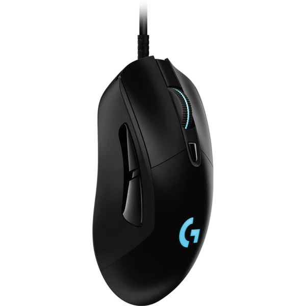 Angled side view of a black Logitech G403 wired gaming mouse showing the side buttons and illuminated “G” logo.