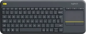 Logitech K400 Plus wireless touch keyboard with built-in touchpad and media keys, top view in black.