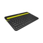 Logitech K480 Bluetooth multi-device keyboard in black with yellow accent, angled view with Easy-Switch dial.