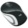 Top-down view of a black Logitech “logi” wireless mouse with white and gray side accents on a white background.