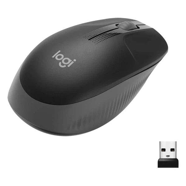 Logitech M190 wireless mouse with USB nano receiver, full-size ergonomic shape for comfortable everyday use at home and office.