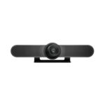 Front view of Logitech MeetUp 4K conference camera with integrated speaker bar and centered wide-angle lens on a tabletop stand.