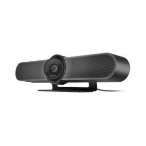 Logitech MeetUp all-in-one conference camera and speaker bar, side angled view showing the central lens and integrated audio grille.
