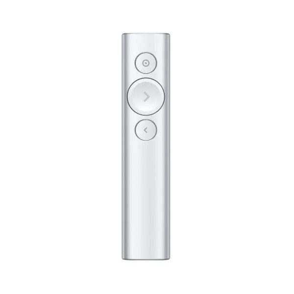 Logitech Spotlight wireless presentation remote in silver, front view showing three control buttons.