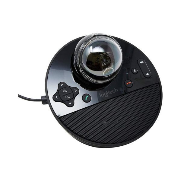 Angled view of BCC950 conference cam with plug-and-play USB cable and full-duplex speakerphone for meetings, Kraod.