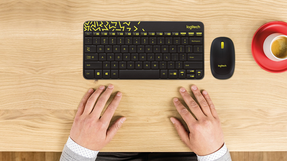 Logitech MK240 Nano Wireless Keyboard and Mouse Combo - Black/Chartreuse Yellow - Desk setup lifestyle view.