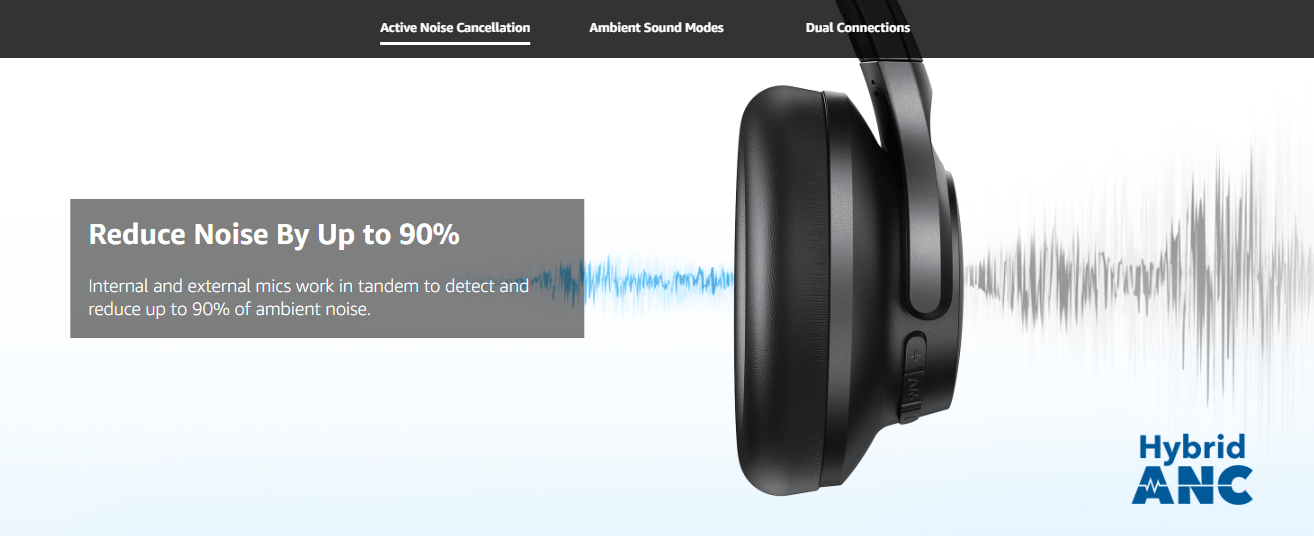 Anker Soundcore Q20i Hybrid ANC Headphones (A3004) - Black - Side close-up showing noise reduction.