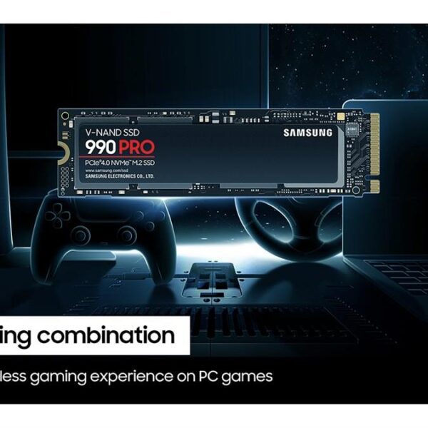 Samsung 990 PRO 1TB PCIe 4.0 NVMe SSD for gaming PC and video editing, fast M.2 internal storage.