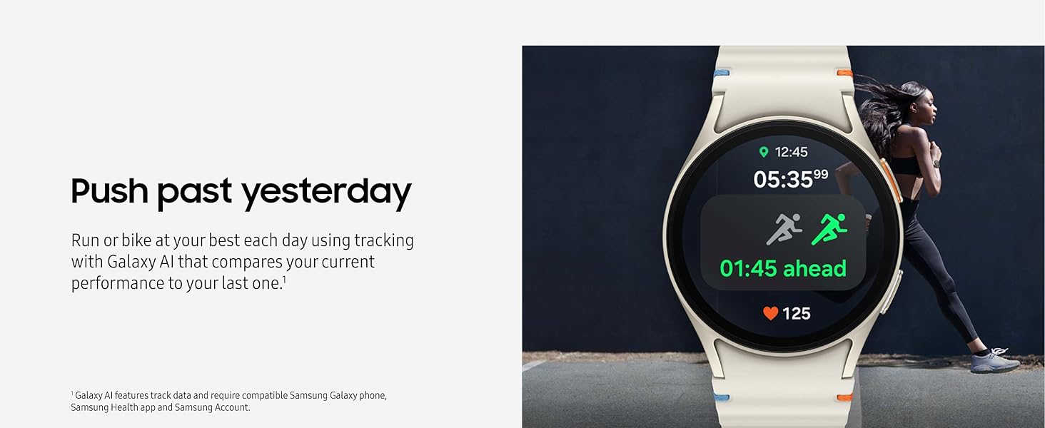 Samsung Galaxy Watch 7 44mm - Cream - Feature banner showing workout tracking and pace comparison during a run.