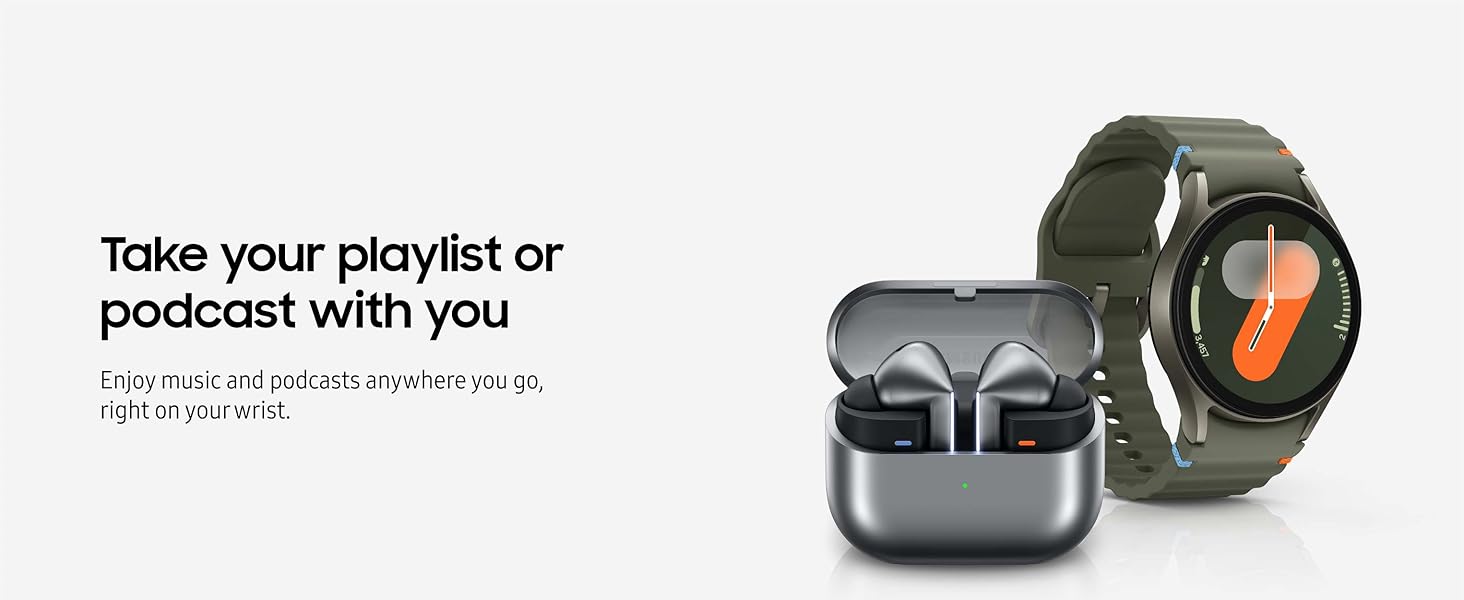 Samsung Galaxy Watch 7 44mm - Green - Feature banner showing music and podcasts on the watch with earbuds.