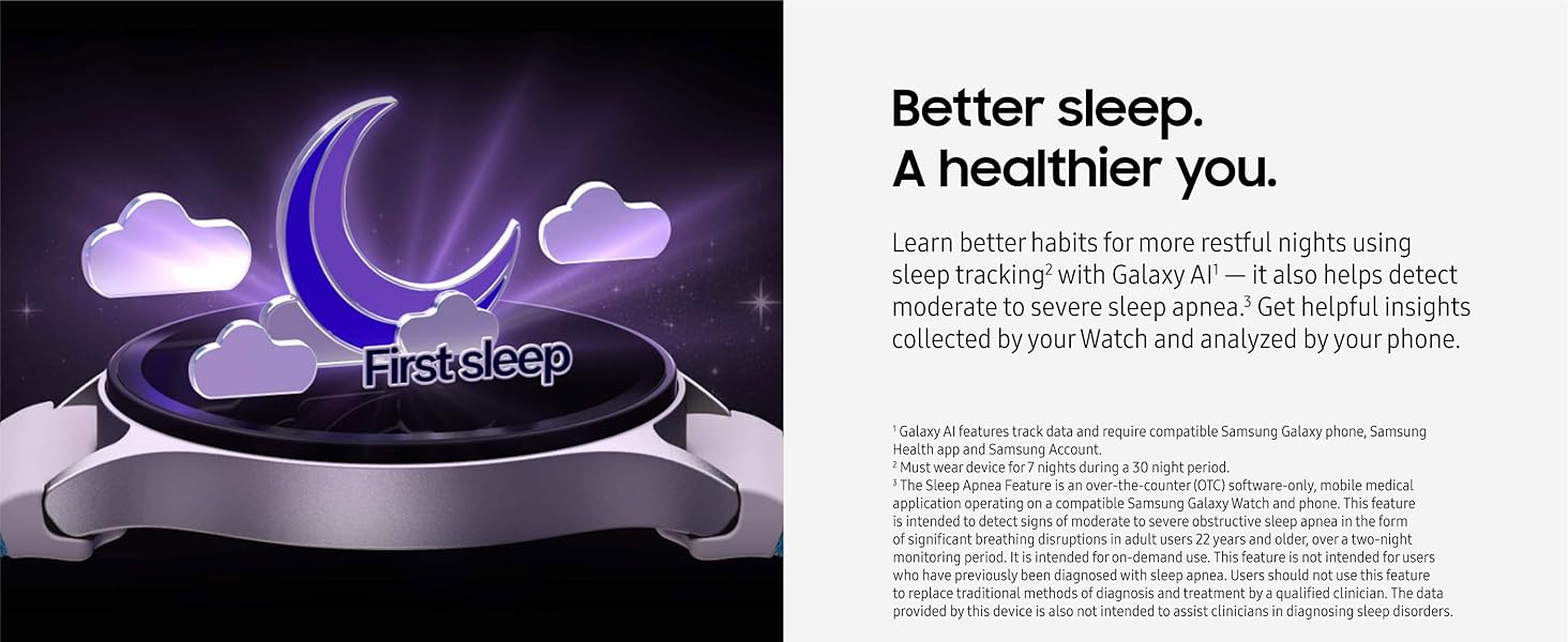 Samsung Galaxy Watch 7 44mm - Silver - Feature banner highlighting sleep tracking and sleep apnea insights.