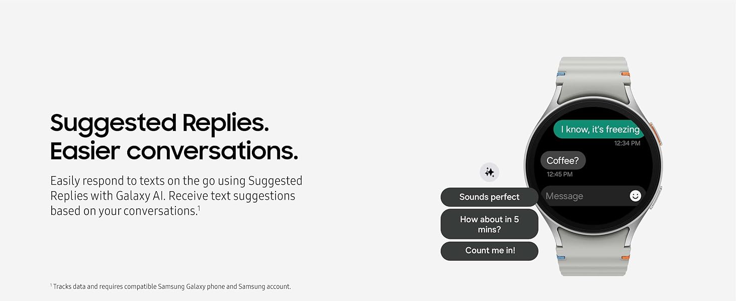 Samsung Galaxy Watch 7 44mm - Cream - Feature banner showing suggested replies for faster texting on the watch.