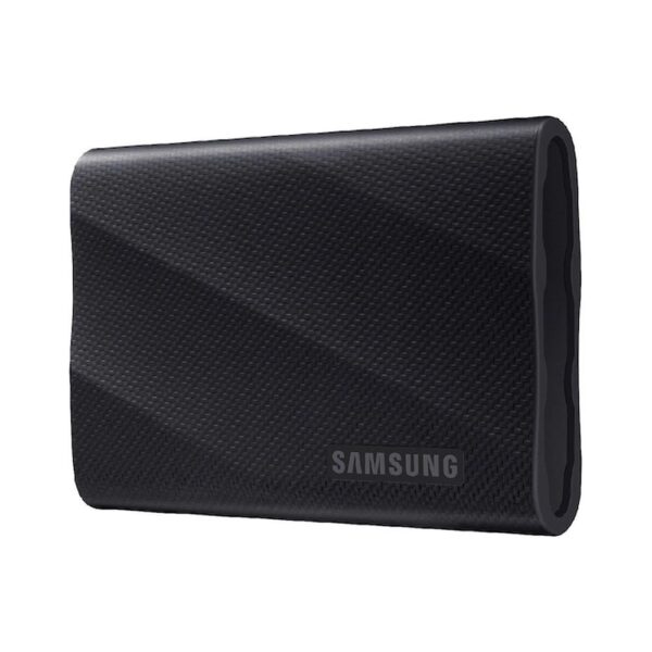 Samsung T9 2TB portable SSD close-up, textured body with Samsung logo, USB-C external SSD