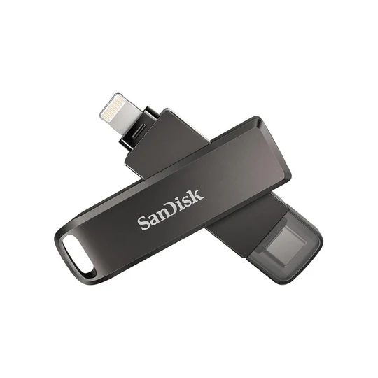 SanDisk iXpand Flash Drive Luxe 128GB for iPhone and USB Type C with dual connectors and metal swivel design.