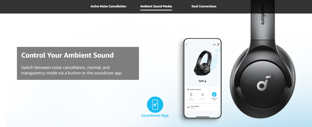 Anker Soundcore Q20i Hybrid ANC Headphones (A3004) - Black - Soundcore app controls ANC and transparency.