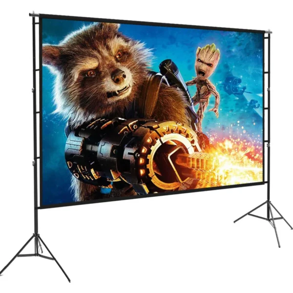 Speed-X 150 inch tripod projector screen with 4:3 aspect ratio, matte white display surface and double stand for classrooms and presentations.