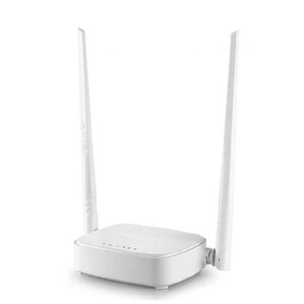 Tenda N301 Wireless N300 easy setup Wi-Fi router in white with two external antennas (front view).