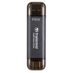 Transcend ESD310C 512GB dual USB portable SSD with compact aluminum body and USB A and USB C connectors.