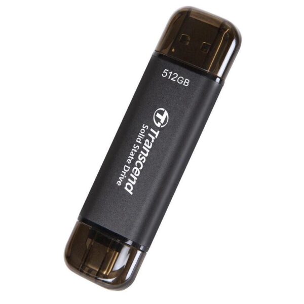 Transcend ESD310C 512GB portable SSD shown at an angle highlighting dual USB Type A and Type C design.