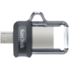 SanDisk iXpand Flash Drive Luxe 128GB for iPhone and USB Type C shown with metal swivel body and dual connector design.