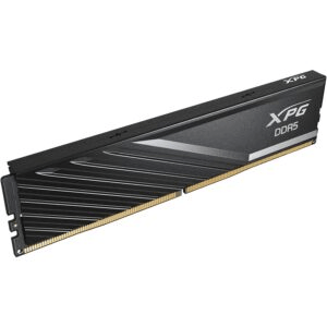 Side view of XPG Lancer Blade DDR5 desktop RAM showing slim black heatsink and 288-pin UDIMM form factor from Kraod.