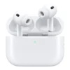 Apple AirPods Pro shown in white charging case with silicone ear tips and active noise control vents visible.