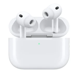 Apple AirPods Pro shown in white charging case with silicone ear tips and active noise control vents visible.