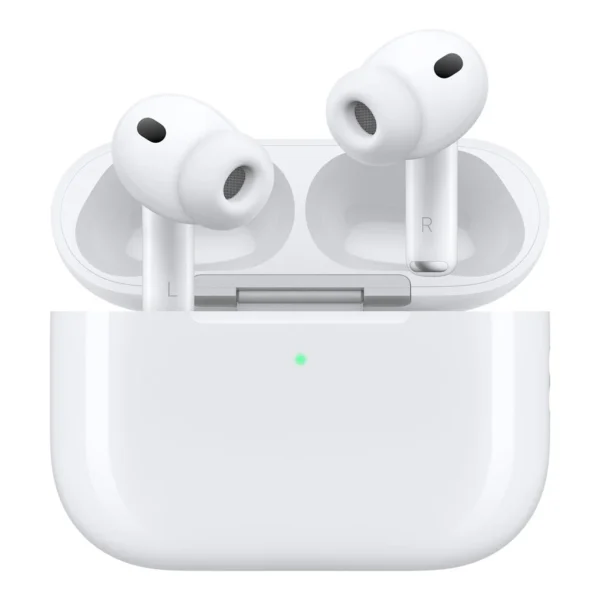 Apple AirPods Pro shown in white charging case with silicone ear tips and active noise control vents visible.