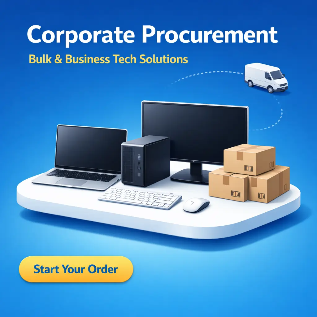 Corporate procurement banner featuring laptop, desktop PC, monitor, keyboard, mouse and delivery boxes for bulk business tech orders.