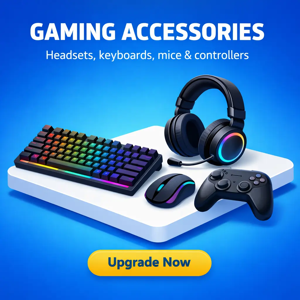 Kraod Gaming Accessories in Pakistan - Headset, RGB keyboard, mouse and controller on promotional banner.
