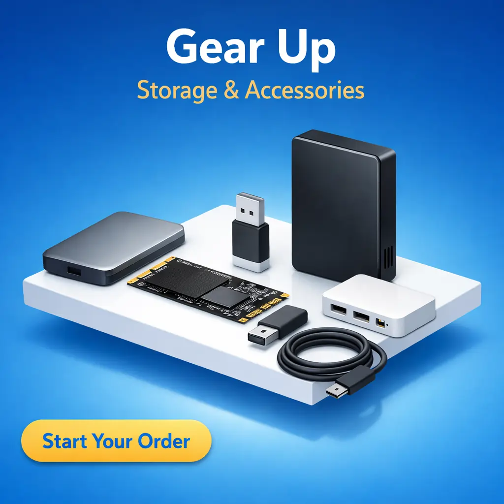Gear Up storage and accessories banner with SSD drive, USB flash drive, adapter hub and cables arranged on a display platform.